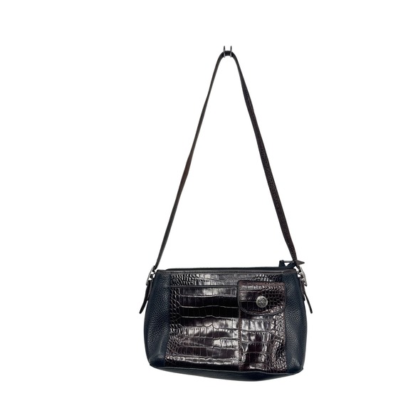 Brighton Handbags - Brighton Croc Embossed Leather Shoulder Bag Purse Brown Black Silver Hardware